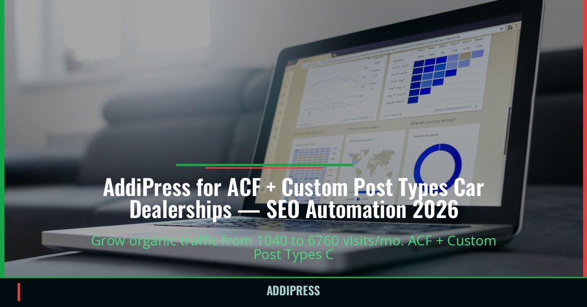 AddiPress for ACF + Custom Post Types Car Dealerships — 1040→6760 organic visits/mo — addipress.com