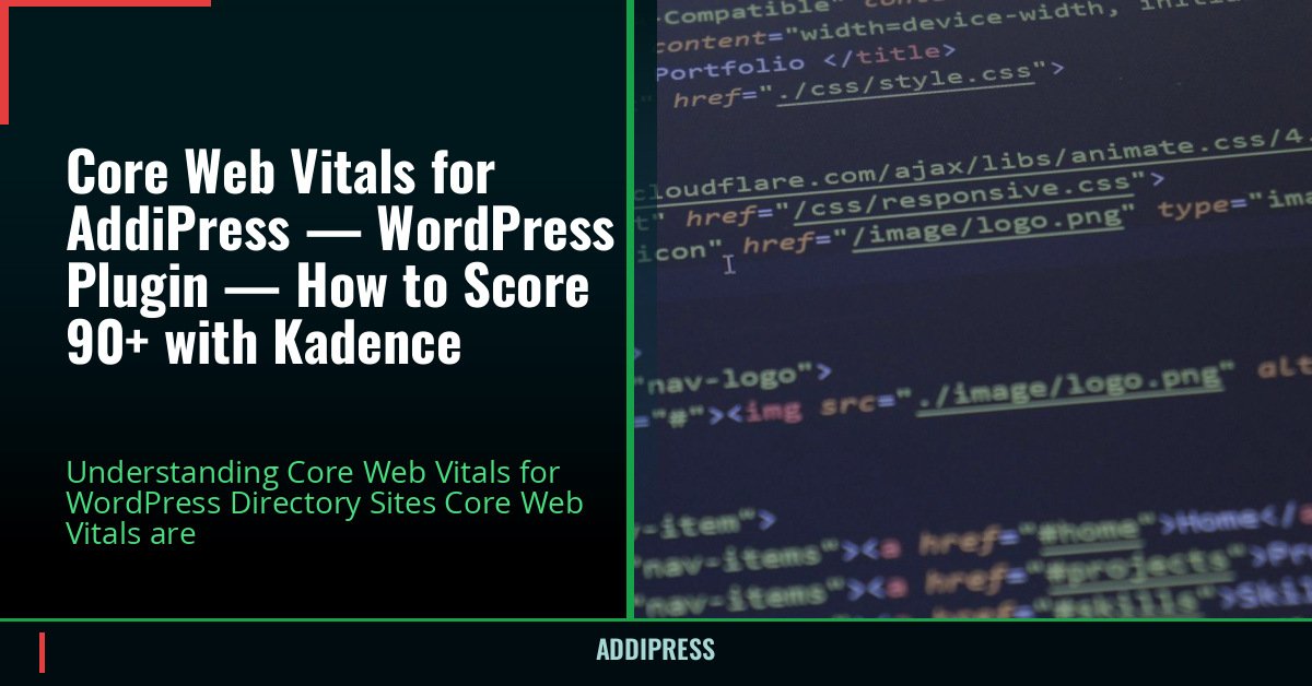 Core Web Vitals for AddiPress — WordPress Plugin — How to Score 90+ with Kadence — addipress.com