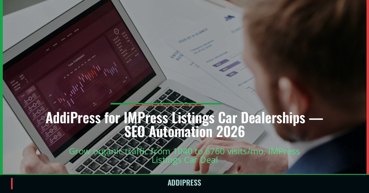 AddiPress for IMPress Listings Car Dealerships — 1040→6760 organic visits/mo — addipress.com