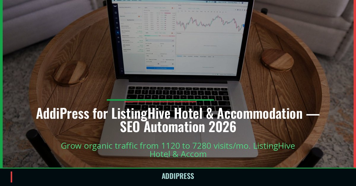 AddiPress for ListingHive Hotel & Accommodation — 1120→7280 organic visits/mo — addipress.com
