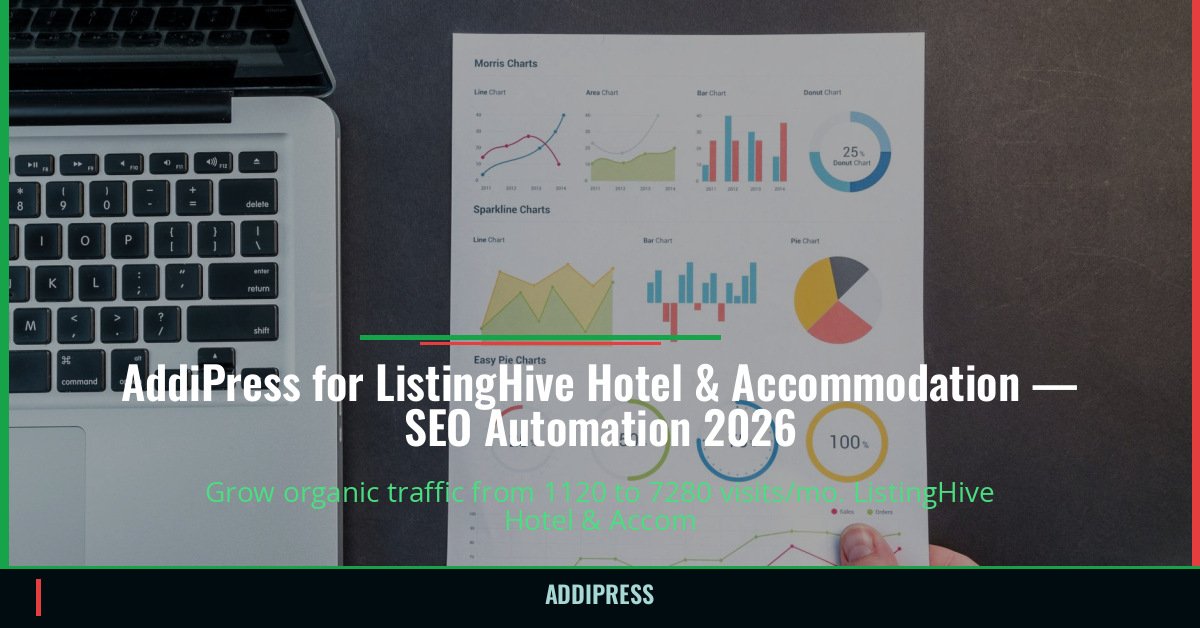 AddiPress for ListingHive Hotel & Accommodation — 1120→7280 organic visits/mo — addipress.com